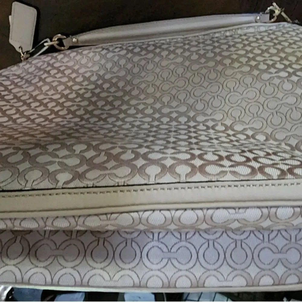 New Coach Cream Op Art Fabric Leather Madison Hobo Purse Neutral Minimalist